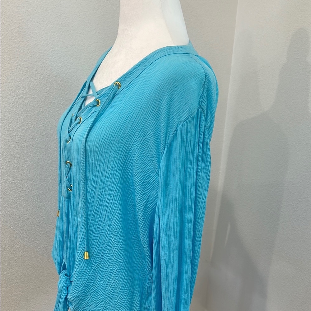 INC International Concepts Turquoise Lace-Up Blouse - Picture 7 of 10